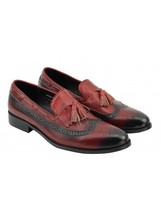 Loafer Style Red Patina Two Tone Tassels Wing Tip Slip On Men Leather Shoes - £124.77 GBP