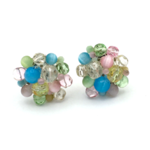 PASTEL glass bead cluster earrings - vintage clip-on round dome spring s... - $23.00