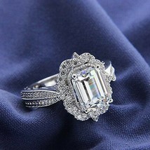 White Gold Plated 2.5ct Emerald LC Moissanite Halo Vintage Engagement Ring - £211.36 GBP