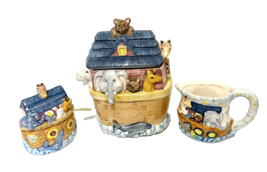 Noah&#39;s Ark Cookie Candy Jar with Creamer Covered Sugar and Spoon Animals Ceramic - £19.02 GBP