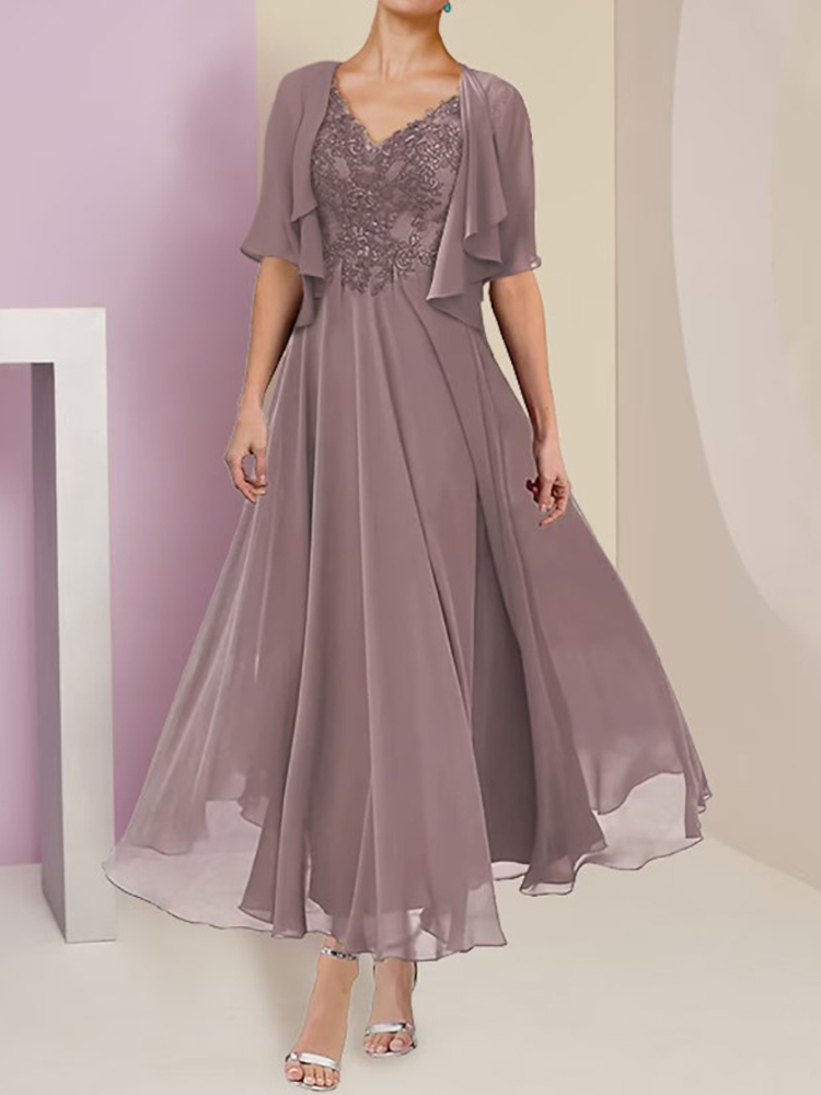 V Neck  Wraps Lace Chiffon Beading Flare Sleeve  Mother of The Bride Dresses