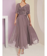 V Neck  Wraps Lace Chiffon Beading Flare Sleeve  Mother of The Bride Dre... - $98.00
