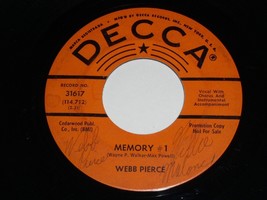 Webb Pierce Autographed 45 Rpm Record Memory #1 French Riviera Decca Promo G/VG - £74.74 GBP