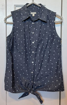 Talbots denim polka dot sleeveless button up blouse waist tie  chambray collar P - £15.66 GBP