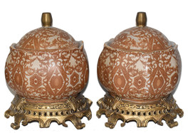 Pr Mid 20th Century Asian Ginger Jars on Brass Bases Crackle Glaze &amp;Flor... - $249.00