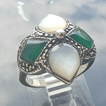 Vintage 925 Sterling Silver Green Onyx Mother Of Pearl And Marcasites Ring SIZE5 - £29.79 GBP