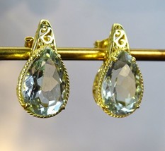 Ornate 14K Yellow Gold Prasiolite Pear Teardrop Stud Earrings - £296.76 GBP
