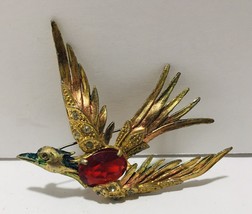 Vintage Brooch Pin Rhinestones Colorful Bird Costume Jewelry 1950&#39;s Hand Painted - £26.57 GBP