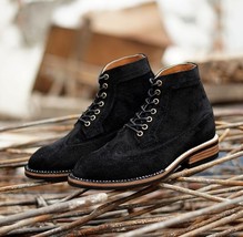 Handmade Men&#39;s Boots Suede Black Premium Quality Leather Laceup High Ankle  - £133.98 GBP