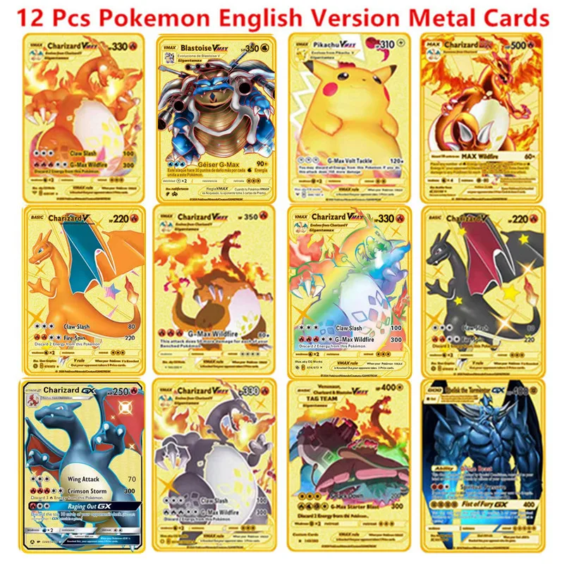 6-12 Pcs/Set  English Version Pokemon Metal Card Pikachu Anime Figure Battle - $23.33+