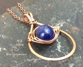 Handmade copper pendant necklace: teardrop herringbone wire wrapped lapis lazuli - £20.70 GBP