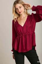Satin V-neck Ruffle Baby Doll Top With Cuffed Long Sleeve - £38.44 GBP