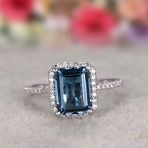 3.50Ct Simulated Emerald Cut London Topaz Halo Ring 14K White Gold Plated Silver - £69.03 GBP