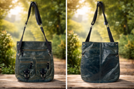 TANO Green Distressed Leather Tote Shoulder Bag Multi Zip Pockets Boho - $29.99