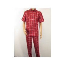Men INSERCH premium Soft Cool Linen  2pc Walking Leisure suit 7098 Red Plaid image 3