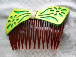 Fabulous Mod Green Enamel Flower Bow Hair Comb 1960s vintage 3 1/4&quot; - £11.95 GBP