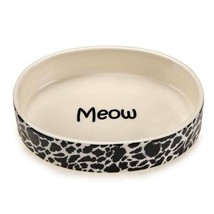 Cat Dish Ceramic Bowl Black White Animal Print Meow Design Oval 6&quot; Holds 10 oz - £15.93 GBP
