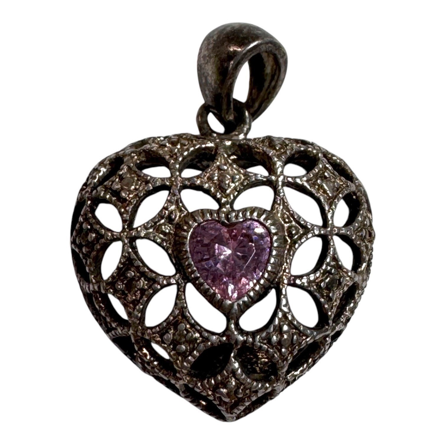 Vintage Sterling Silver Heart Pendant Center Amethyst Stone Filigree By ... - £15.17 GBP