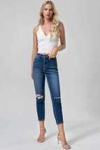 BAYEAS Dark Blue High Waist Distressed Washed Cropped Mom Jeans - £43.86 GBP