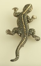 Vintage Sterling Silver 925 Lizard Gecko Suspicious Look Marcasite Stone Brooch - £51.42 GBP