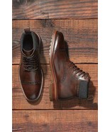 Handmade Men&#39;s Genuine Leather Formal Dress Boots Brogue Lace Up Boots f... - $237.49