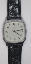 Vintage Timex Q M Cell Square Bezel Quartz Men&#39;s Blk Leather Dress Date Watch - £79.09 GBP