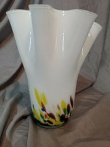 Hand Blown Murano Style White Confetti Clear Rim Glass Handkerchief Vase 9&quot; MCM - £36.71 GBP