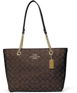 Coach Womens Brown Black Signature Leather Chain Cammie Tote Bag 8823-8 - £260.35 GBP