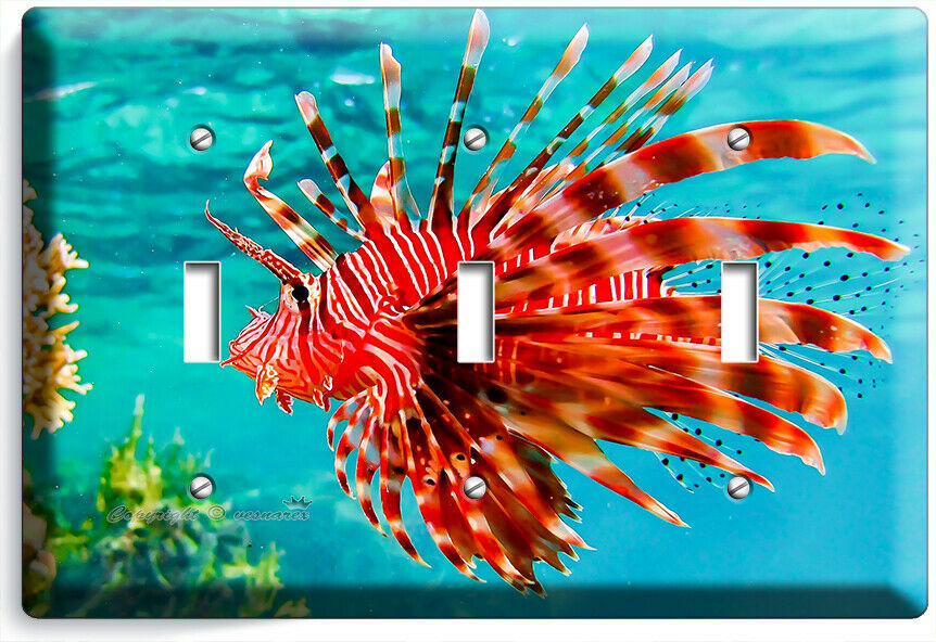 TROPICAL SEA LION FISH LIGHT SWITCH 3 GANG PLATE LIONFISH AQUARIUM ROOM HD DECOR