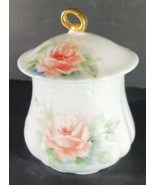 Vintage SMALL FLORAL Jar CANISTER &amp; Lid 6.5&quot; Handpainted Yellow Pink Ros... - $23.40 CAD