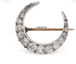 Victorian Crescent Rose Cut Diamond Silver Brooch, Crescent Half Moon Brooch - £215.94 GBP