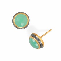 Two Tone 11 mm Round Cut Green Chalcedony Stud Earrings 14K Yellow Gold Finished - £96.00 GBP