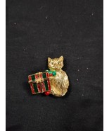 Vintage SFJ Christmas Colorful Cat and Present pin Brooch.  Cutel - $15.99