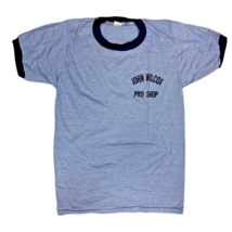 Vtg 70s Blue Ringer T Shirt S John Wilcox Pro Shop Flocked Letters USA - $94.00
