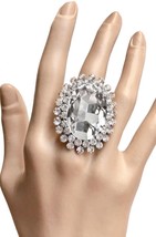 Oversized Oval Colorless Clear Crystals Stretch Cocktail Ring Costume Jewelry - $18.05