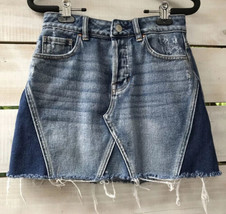 PACSUN Distressed Blue Denim Skirt Jr. Wm. Sz 24 (26&quot;?) Button Fly 5 Pkts 2 Tone - £15.39 GBP