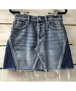 PACSUN Distressed Blue Denim Skirt Jr. Wm. Sz 24 (26&quot;?) Button Fly 5 Pkt... - $26.76 CAD