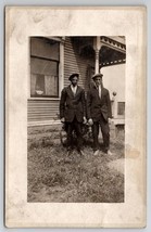 RPPC Two Handsome Young Men Newsboy Caps Suits Porch Real Photo Postcard V25 - £7.13 GBP