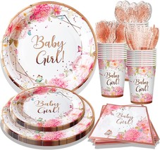 168 Pcs Pink Decorative Paper Plates Cups &amp; Napkins For Girls BabyShower Party - £23.97 GBP