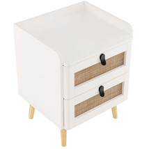 Modern End Table Bedside Table with 2 Rattan Decorated Drawers-White - Color: Wh - £70.79 GBP