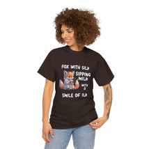 Women&#39;s Heavy Cotton Fox With Silk Sipping Milk Fox T-shirt |Funny FT729 - £23.30 GBP+