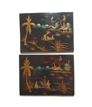2 VTG Black Lacquer Gold Japanese Painting Wood Wall Art Plaque Signed - £27.14 GBP
