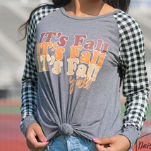 It&#39;s Fall Y&#39;all on Grey Long sleeve Tee with Black White Gingham Sleeves XL - $471.22 MXN