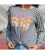 It&#39;s Fall Y&#39;all on Grey Long sleeve Tee with Black White Gingham Sleeves XL - $33.85 CAD