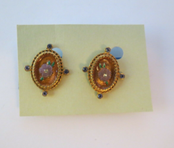 AVON Clip On Earrings Satiny Pink Flowers Rhinestone Gold Tone Oval Enamel NICE - £7.49 GBP