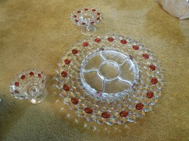 4 pc. set-CRANBERRY &amp; Clear Glass-Platter-Insert-2 Compotes Bubble......... - £24.54 GBP