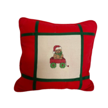 Red Green Trim 11&quot;X11&quot; Christmas Pillow With Bear in Red Wagon Cross Stitch - £9.26 GBP