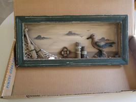 Seaside Nautical Shadow Box Framed Wall Art Green Brown Folk Art Decor - £10.21 GBP