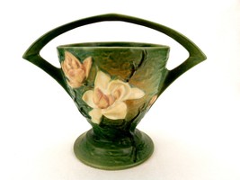 Roseville Pottery Basket Planter, Mottled Green, Magnolia Pattern, Vintage 1940s - £78.29 GBP
