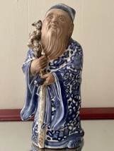 Japanese Kutani Jurojin God Of Wisdom Statue Hand Painted Cobalt Blue And White - £229.63 GBP